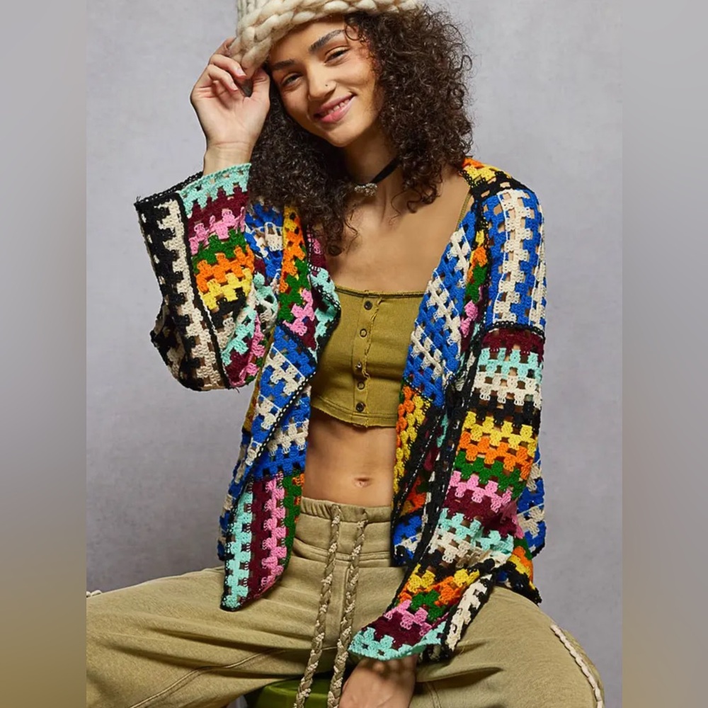 POL Colorful Crocheted Patchwork Open Front Cardigan Sweater Boho Statement - Picture 2 of 9